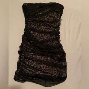 Armani Exchange Strapless Cheetah Print w/ Ruched Black Mesh Overlay Mini Dress